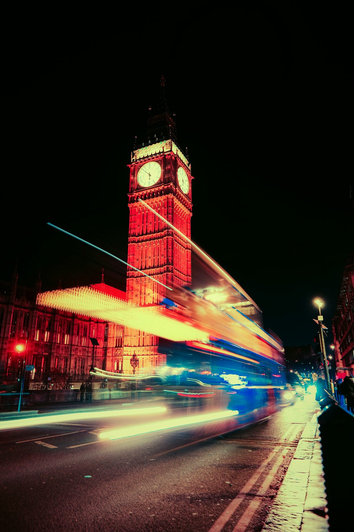 Westminster at night with light trails