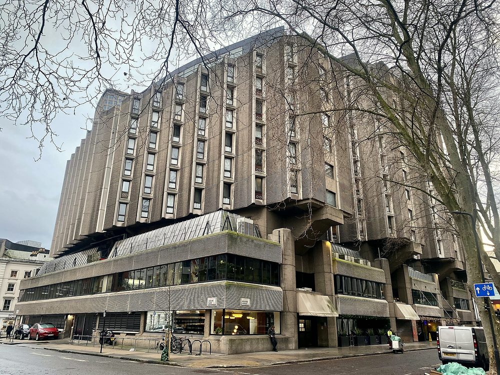 The hotel building at the corner of Adeline Place and Bedford Avenue (photographed as St Giles Hotel, January 2024)